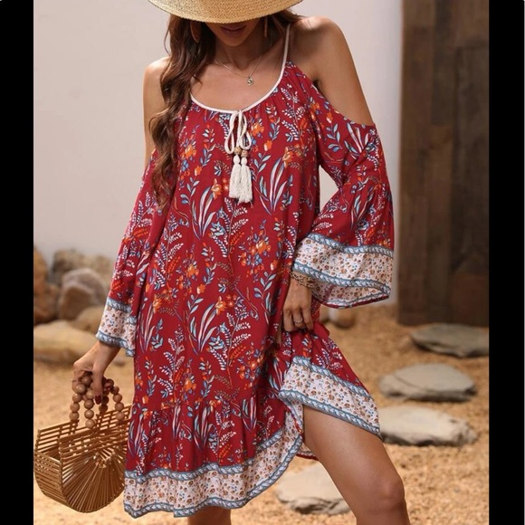 Boho Gypsy Floral Print Tassel Cold Off Drop Shoulder Dress - Picture 5 of 15
